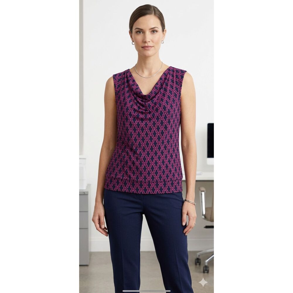 Grayson Sleeveless Cowl Neck Blouse L Navy Magenta Trellis Print Stretchy